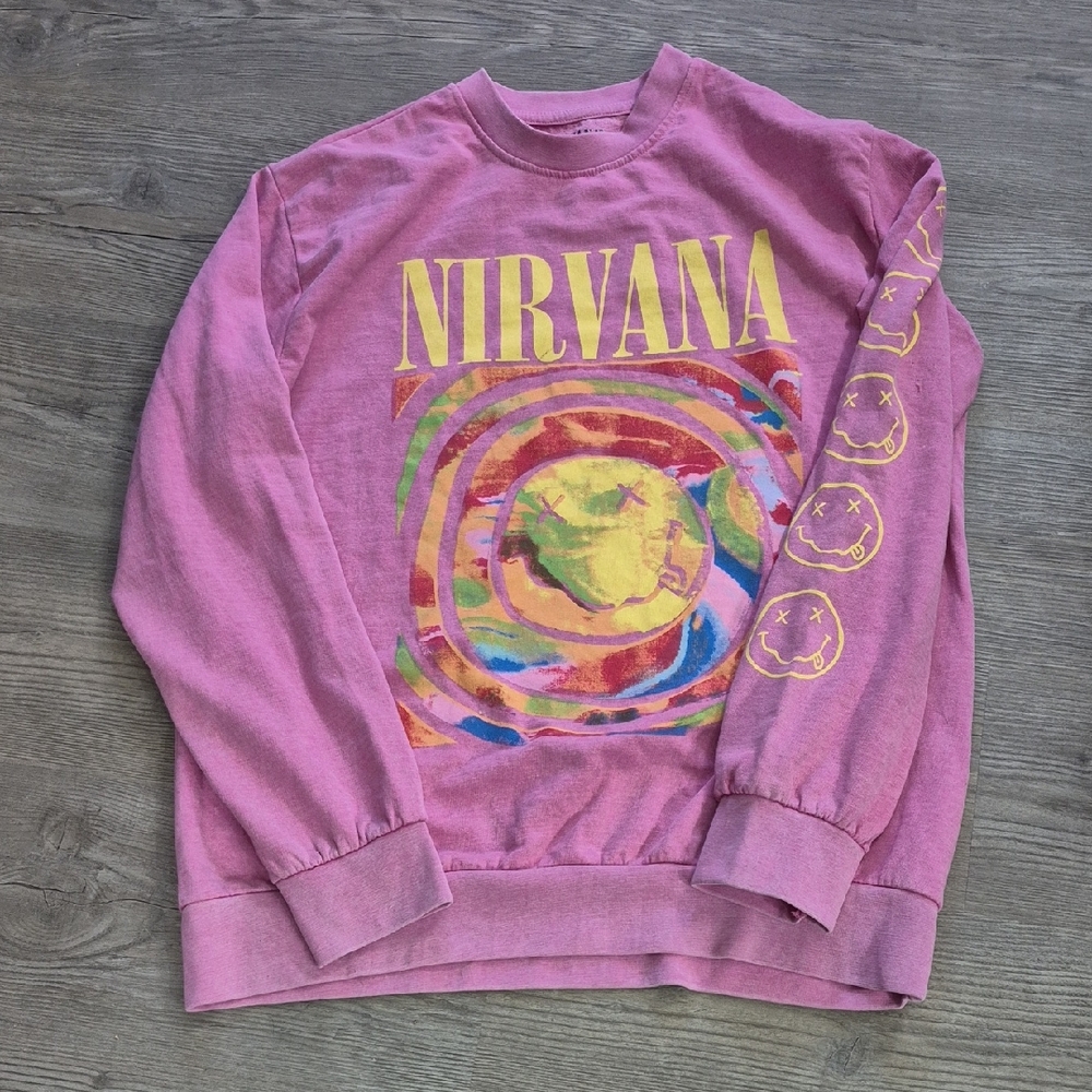 NIRVANA Pink Smiley Sweatshirt. Size L